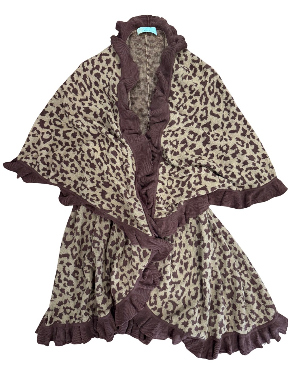 Vintage Couture Leopard Print Ruffle Open Wrap Cardigan Duster Brown